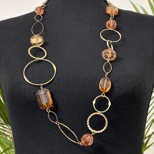 Body Length, Gold Toned, Orange Acrylic Stone and Hoop Necklace